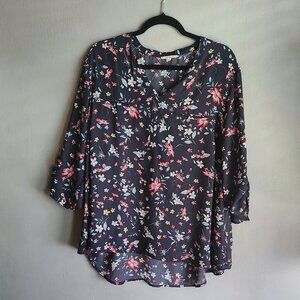 2X Navy Floral Blouse with 3/4 Sleeve